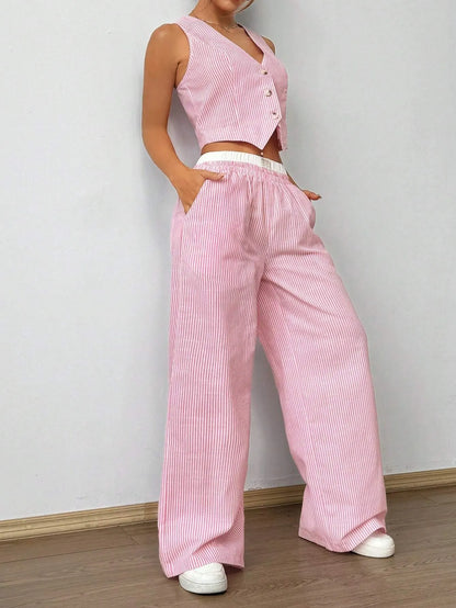 Flila | 2-Piece Striped V-Neck Top & Pants Set