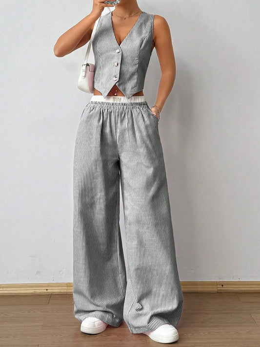Flila | 2-Piece Striped V-Neck Top & Pants Set