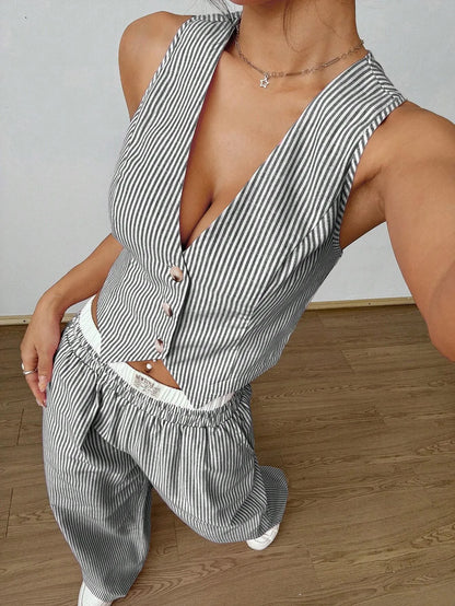 Flila | 2-Piece Striped V-Neck Top & Pants Set