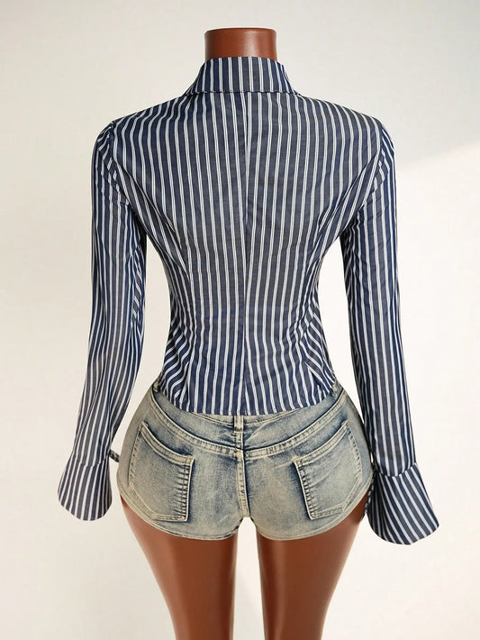 Elara | Striped Puff-Sleeve Crop Shirt