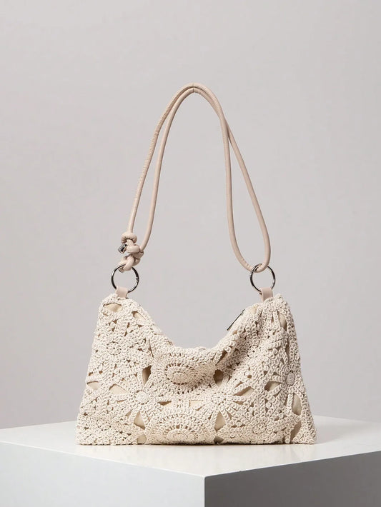 Solea Boho Bloom | Woven Straw Shoulder Bag with Floral Hollow Design
