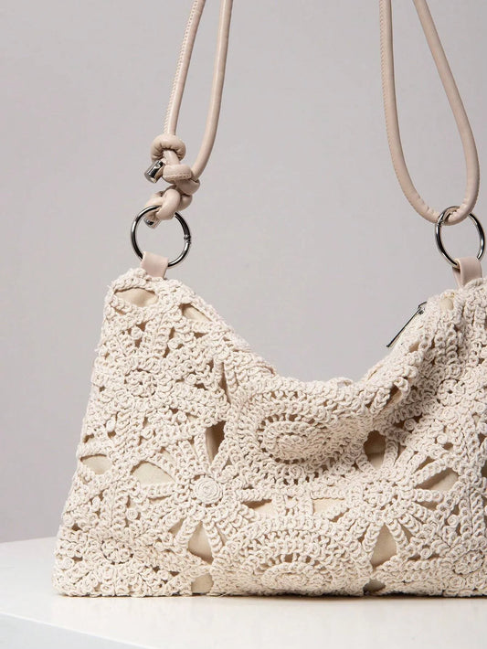 Solea Boho Bloom | Woven Straw Shoulder Bag with Floral Hollow Design